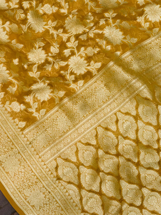Honey Mustard Pure Khaddi Georgette Silk Saree with Water Reshmi Zari Weaving