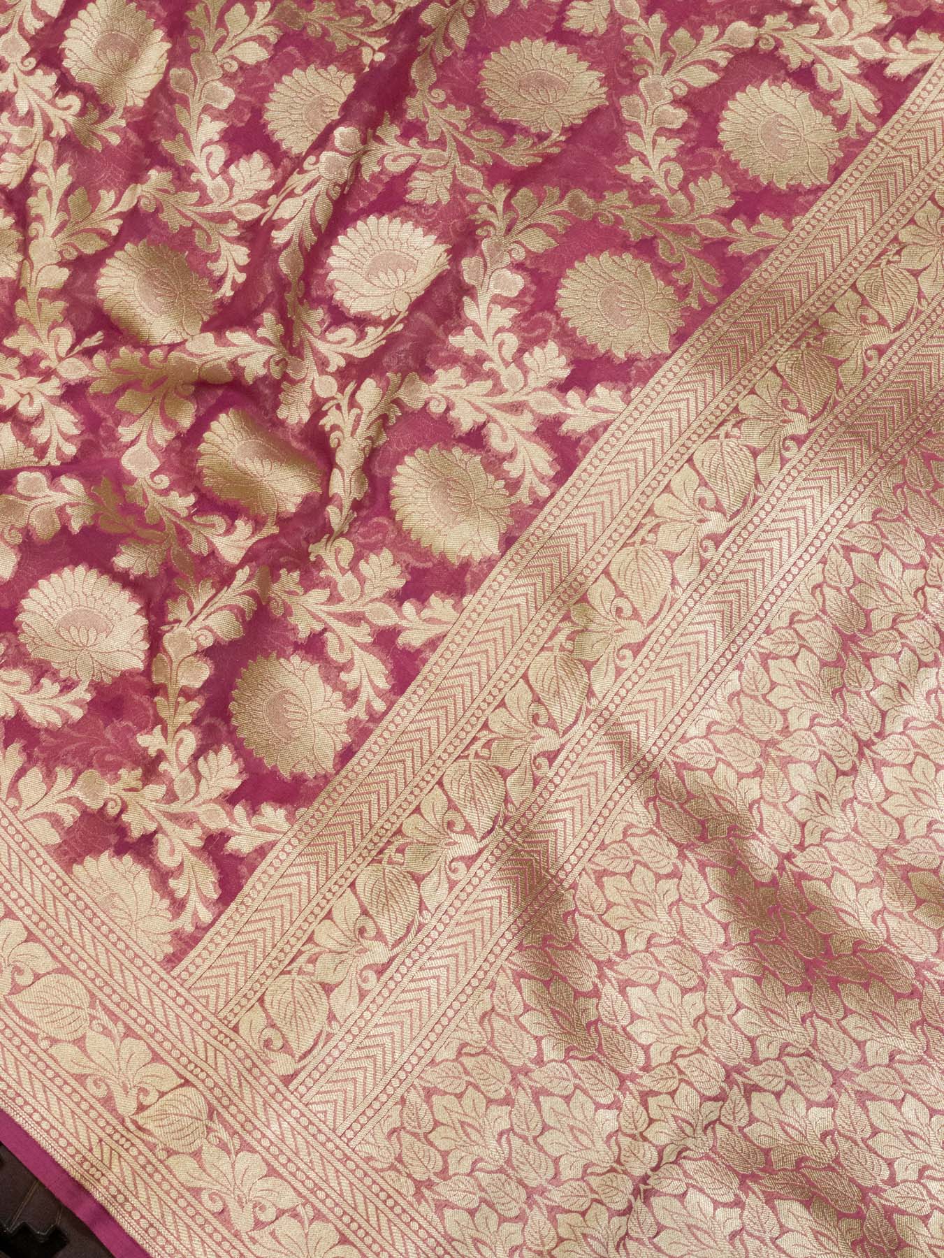 Deep Rose Pink Pure Khaddi Georgette Silk Saree with Water Reshmi Zari Weaving
