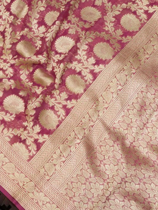Deep Rose Pink Pure Khaddi Georgette Silk Saree with Water Reshmi Zari Weaving