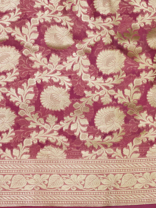 Deep Rose Pink Pure Khaddi Georgette Silk Saree with Water Reshmi Zari Weaving