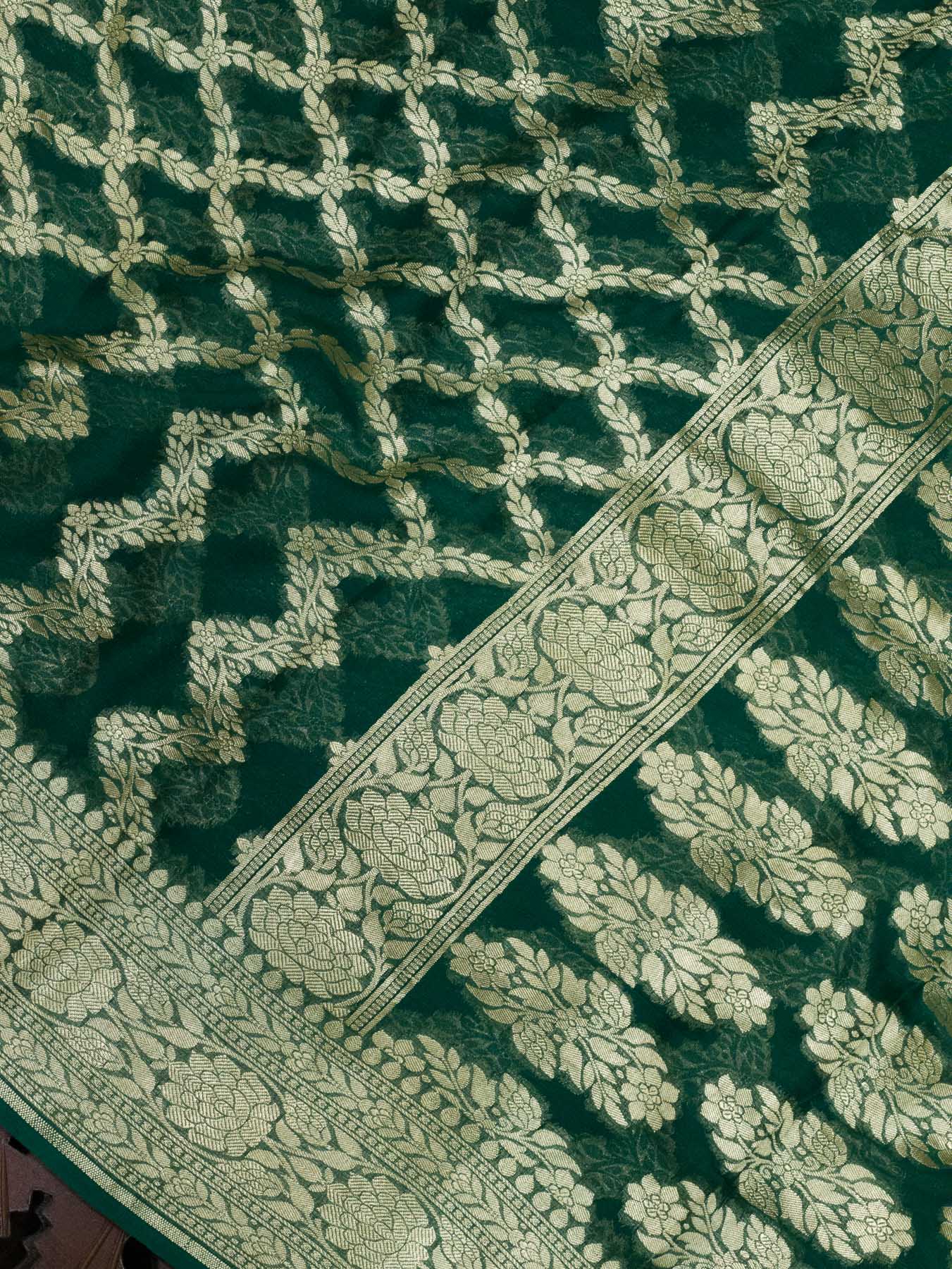 Bottle Green Pure Khaddi Georgette Silk Saree with Water Reshmi Zari Weaving