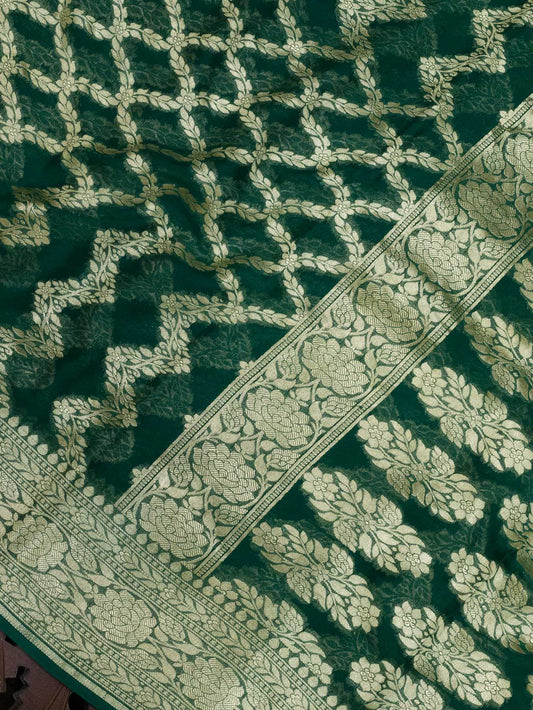 Bottle Green Pure Khaddi Georgette Silk Saree with Water Reshmi Zari Weaving