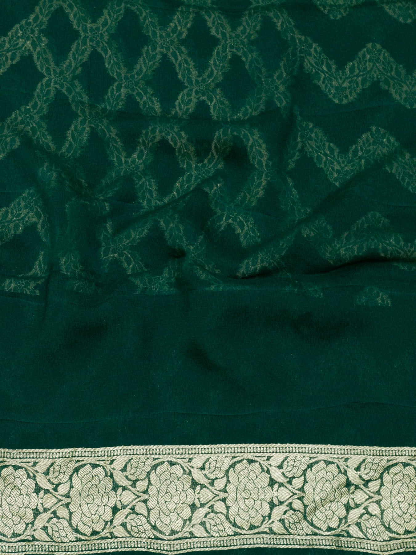 Bottle Green Pure Khaddi Georgette Silk Saree with Water Reshmi Zari Weaving