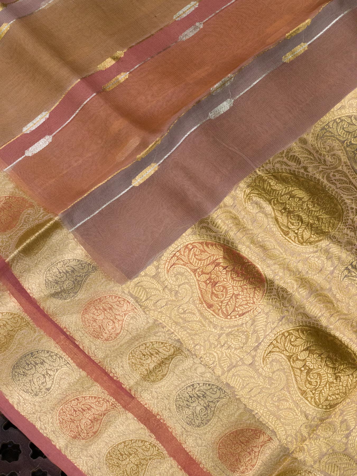 Multicolor Pink Pure Kora Organza Silk Saree Zari Silver and Gold with Hand Brush Work
