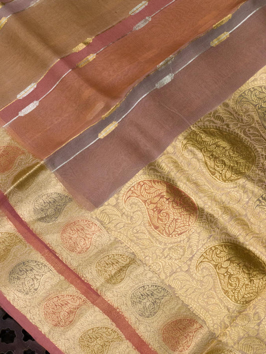 Multicolor Pink Pure Kora Organza Silk Saree Zari Silver and Gold with Hand Brush Work