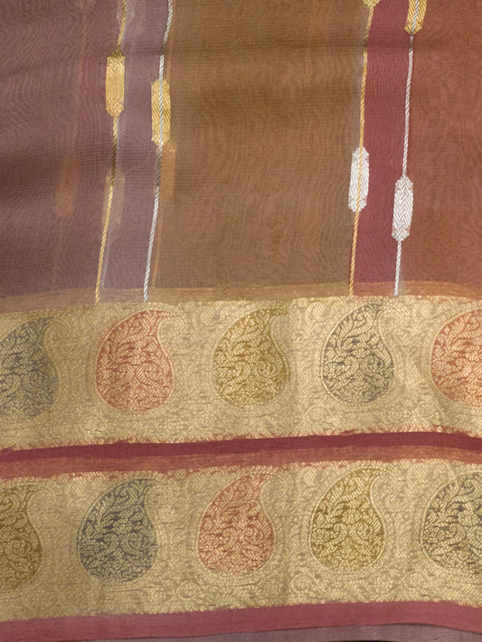 Multicolor Pink Pure Kora Organza Silk Saree Zari Silver and Gold with Hand Brush Work