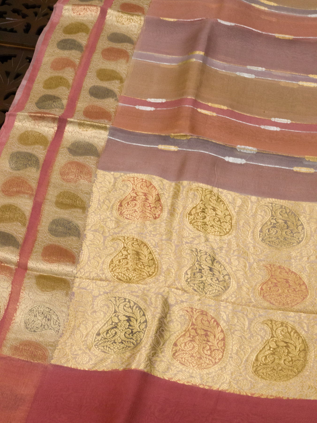 Multicolor Pink Pure Kora Organza Silk Saree Zari Silver and Gold with Hand Brush Work
