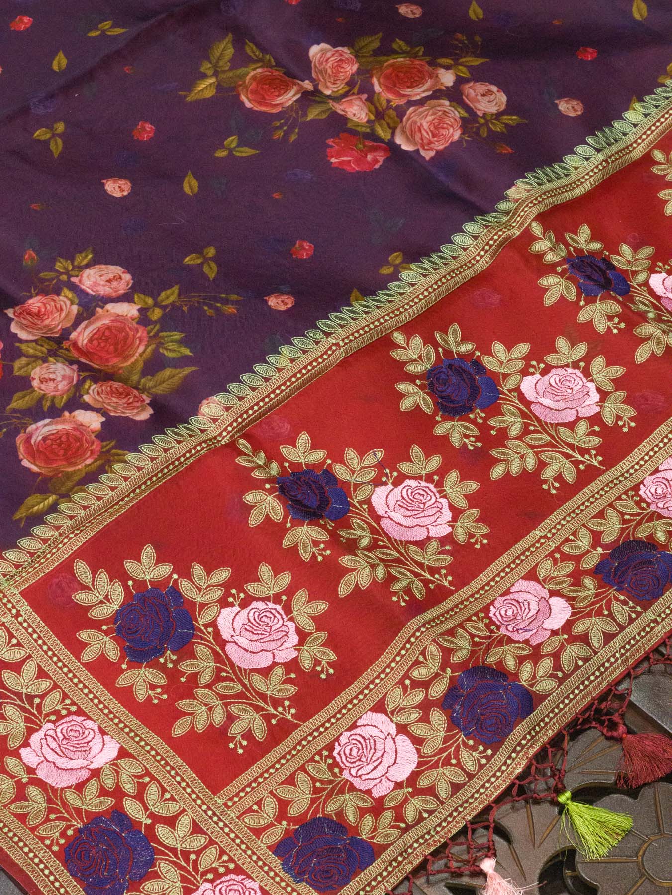 Multicolor Purple Pure Kora Organza Silk Saree Printed With Embroidered Pallu & Border