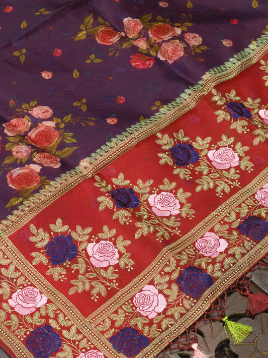 Multicolor Purple Pure Kora Organza Silk Saree Printed With Embroidered Pallu & Border