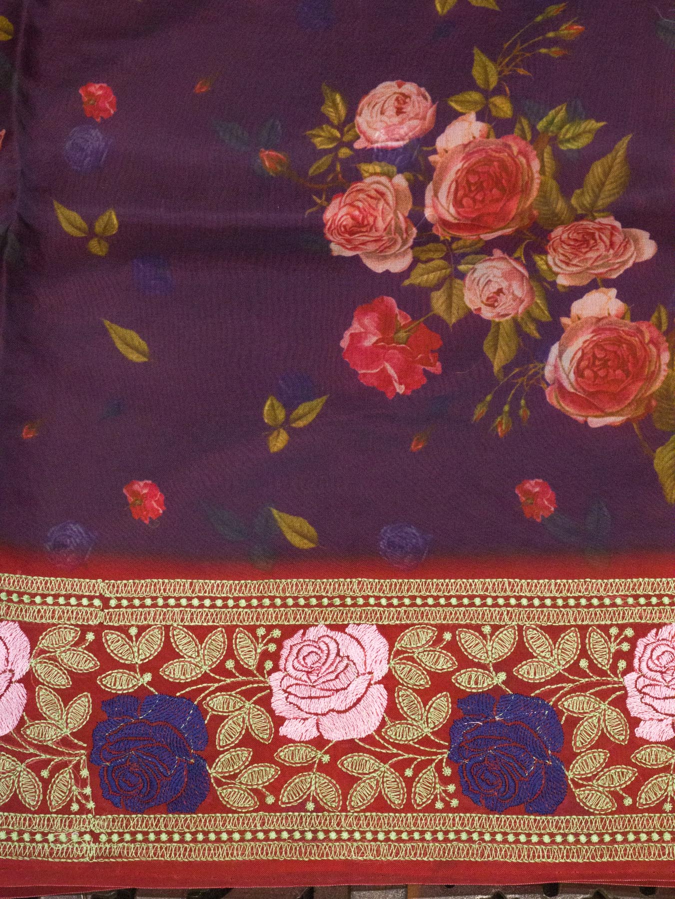 Multicolor Purple Pure Kora Organza Silk Saree Printed With Embroidered Pallu & Border
