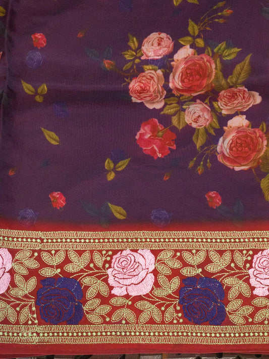 Pure Organza Purple Multicolor Kora Silk Saree Printed With Embroidered Pallu & Border - close-up - ZARISPIRE