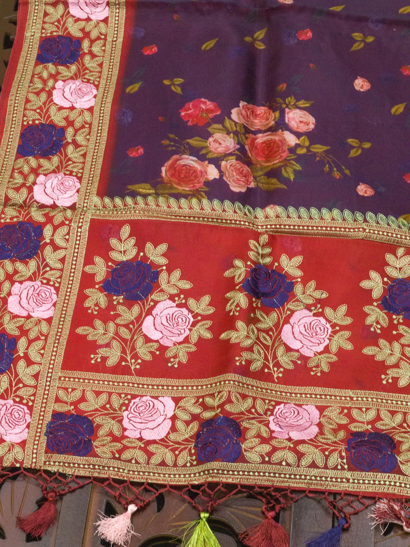 Multicolor Purple Pure Kora Organza Silk Saree Printed With Embroidered Pallu & Border