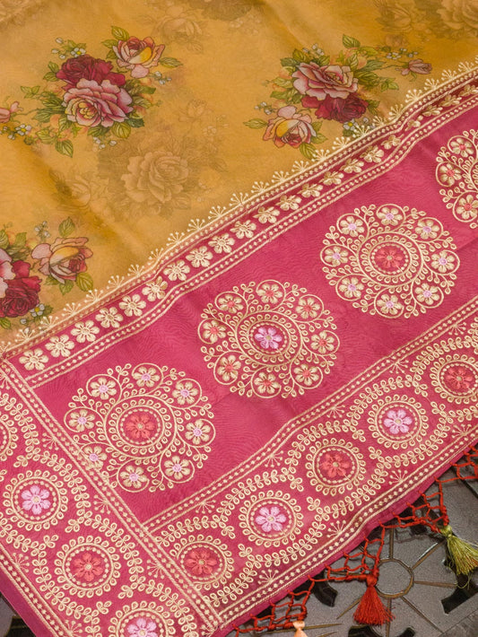 Multicolor Yellow Pure Kora Organza Silk Saree Printed With Embroidered Pallu & Border