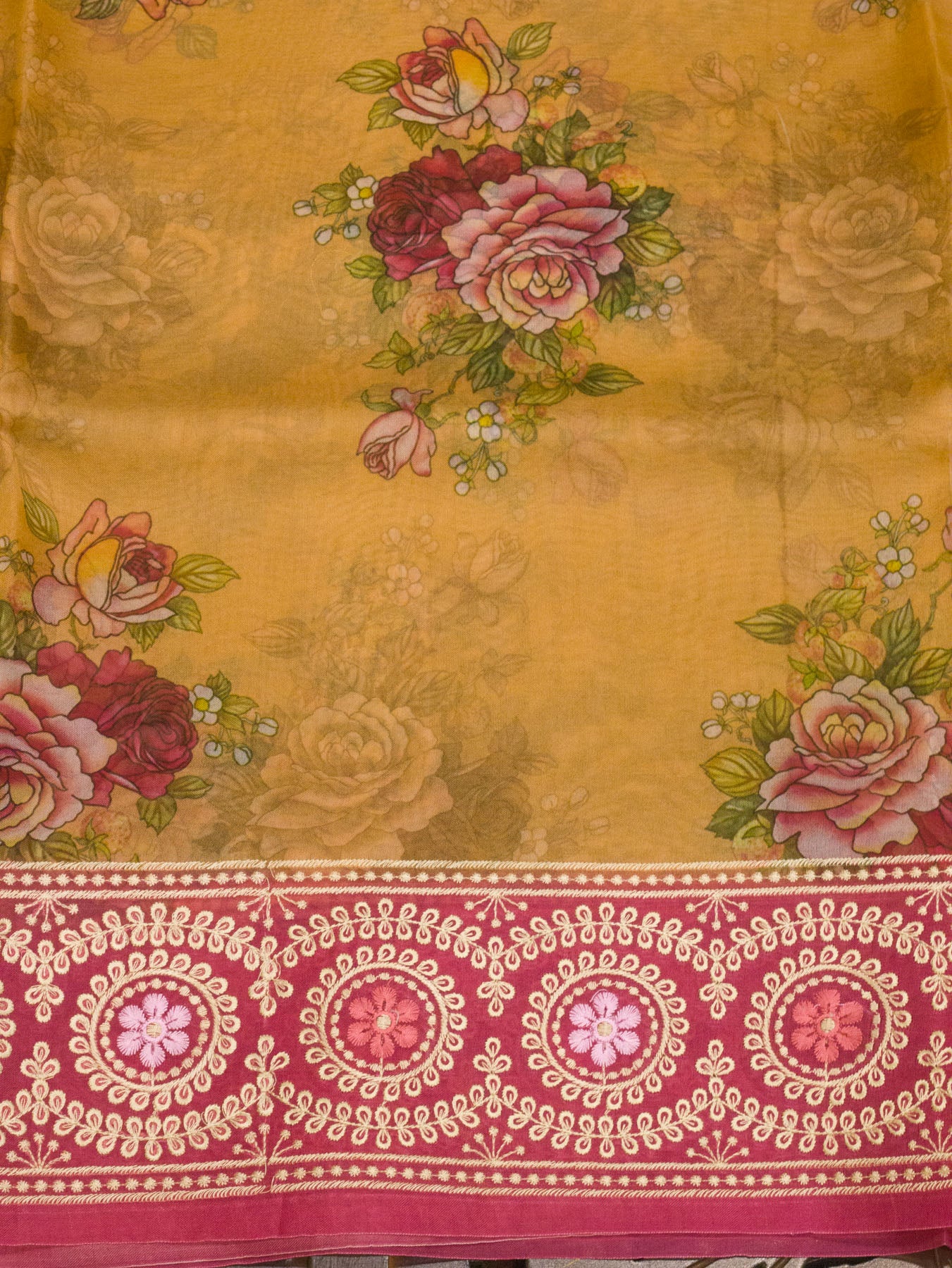 Multicolor Yellow Pure Kora Organza Silk Saree Printed With Embroidered Pallu & Border