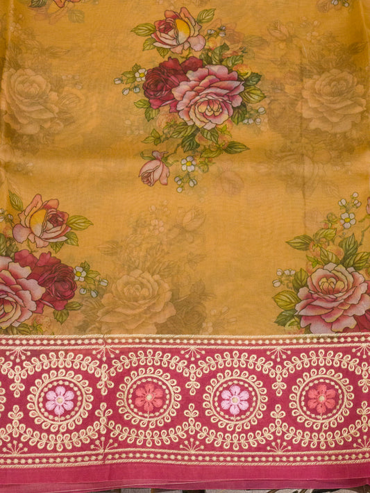 Pure Organza Yellow Multicolor Kora Silk Saree Printed With Embroidered Pallu & Border - close-up - ZARISPIRE