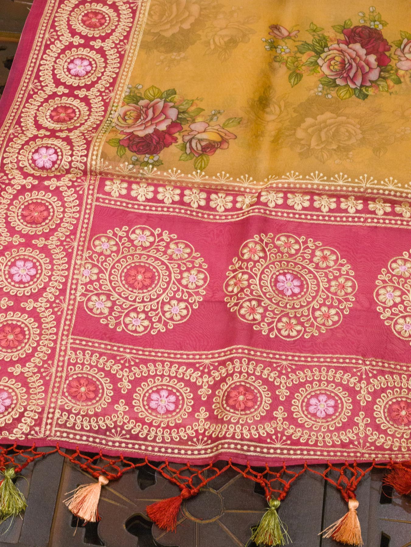 Multicolor Yellow Pure Kora Organza Silk Saree Printed With Embroidered Pallu & Border