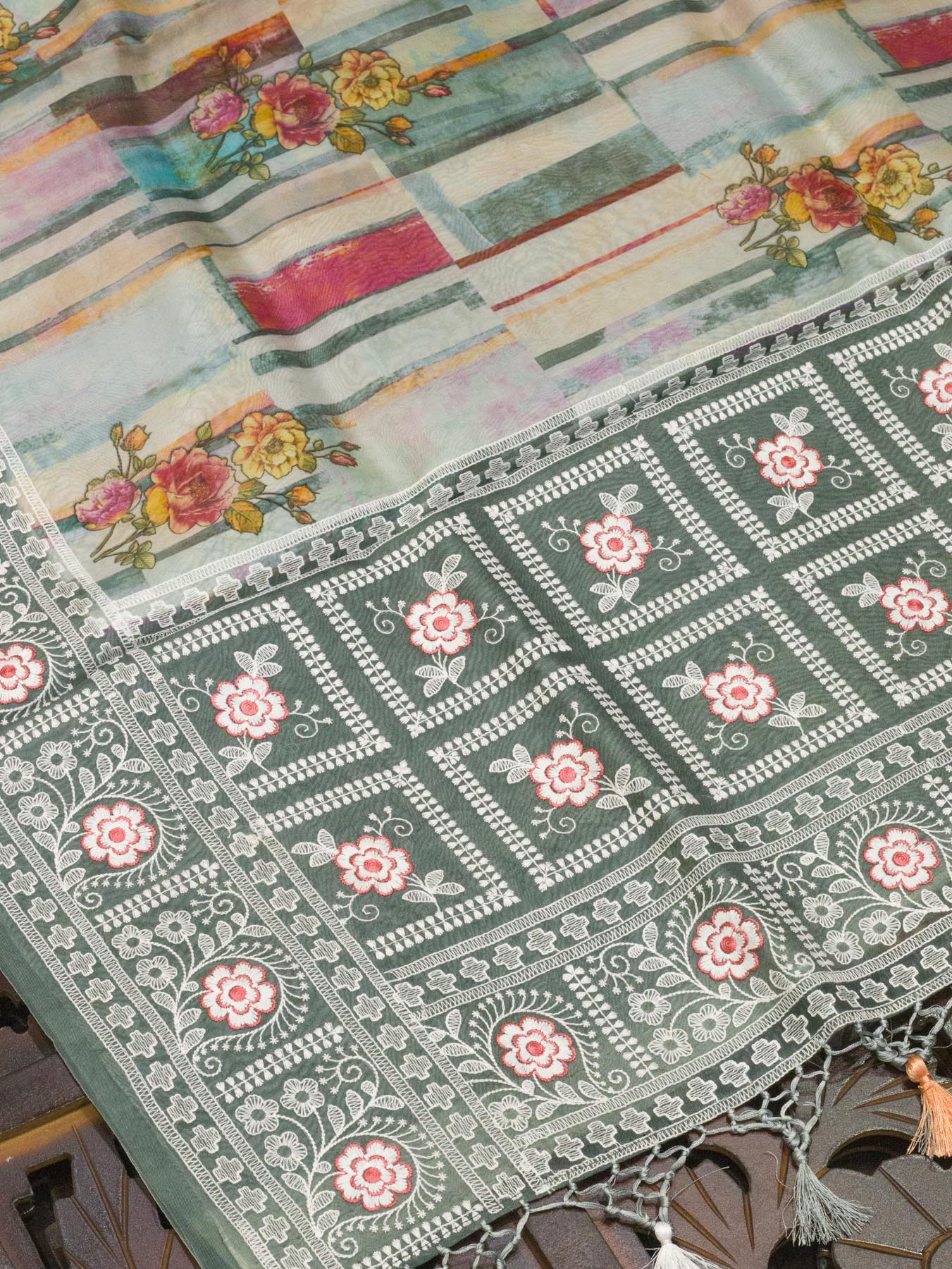 Multicolor Grey Pure Kora Organza Silk Saree Printed With Embroidered Pallu & Border