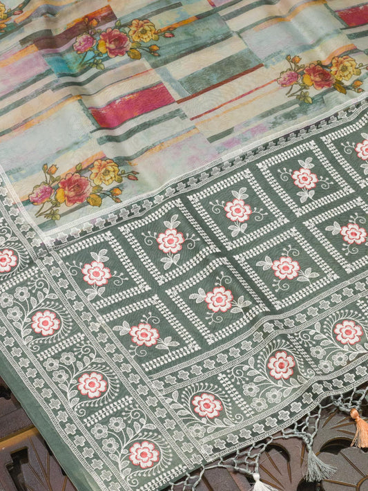 Multicolor Grey Pure Kora Organza Silk Saree Printed With Embroidered Pallu & Border