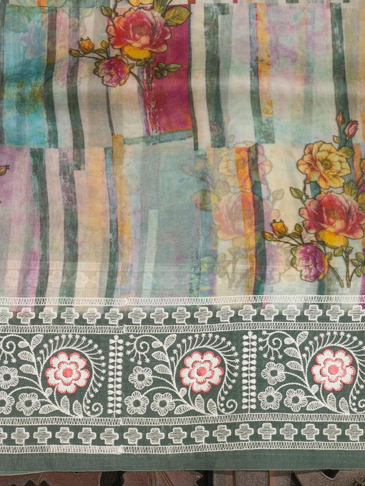 Pure Organza Grey Multicolor Kora Silk Saree Printed With Embroidered Pallu & Border - pallu border close-up - ZARISPIRE
