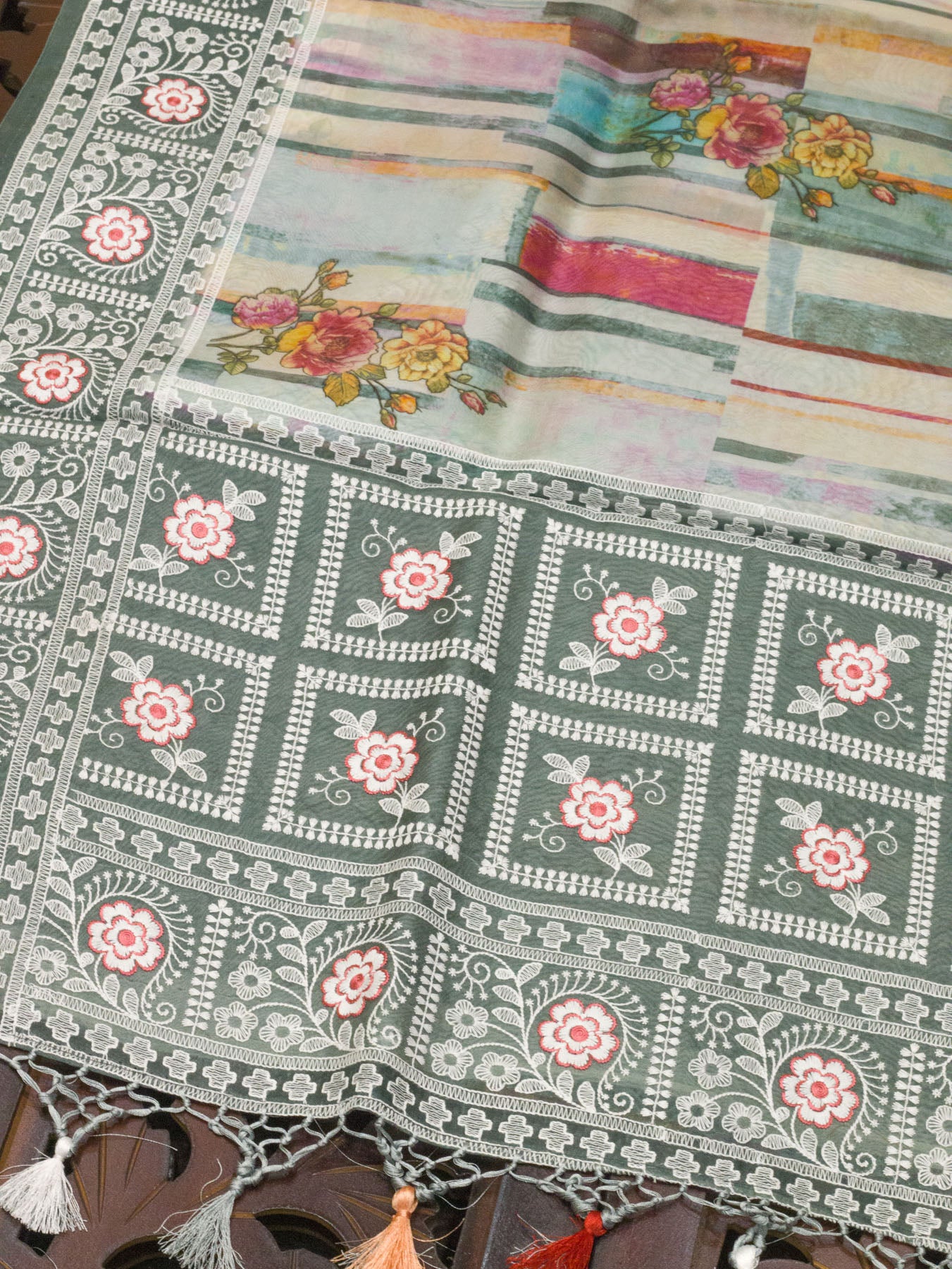 Multicolor Grey Pure Kora Organza Silk Saree Printed With Embroidered Pallu & Border