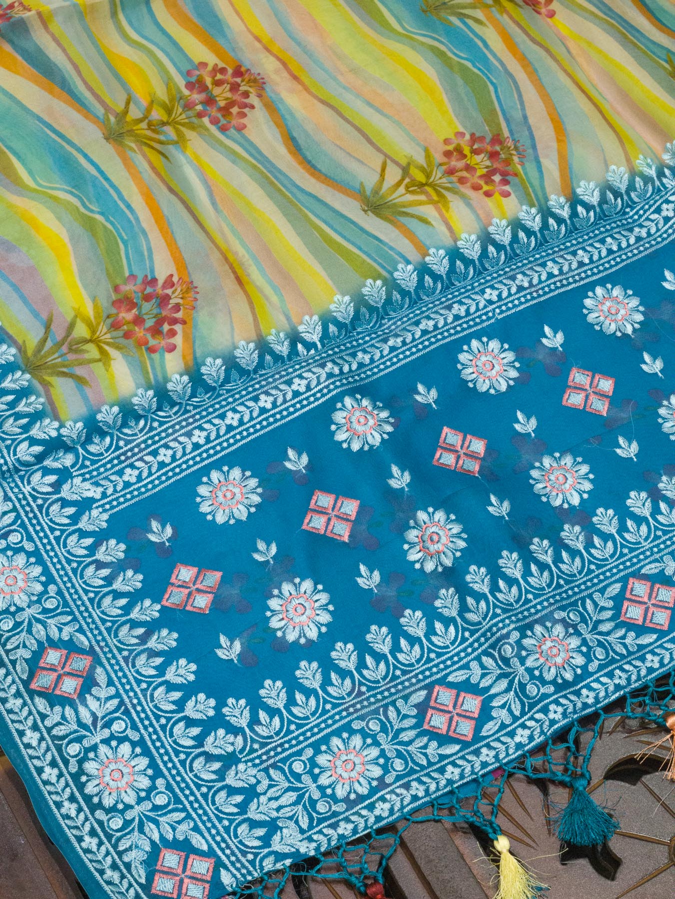 Multicolor Peacock Blue Pure Kora Organza Silk Saree Printed With Embroidered Pallu & Border (Copy)