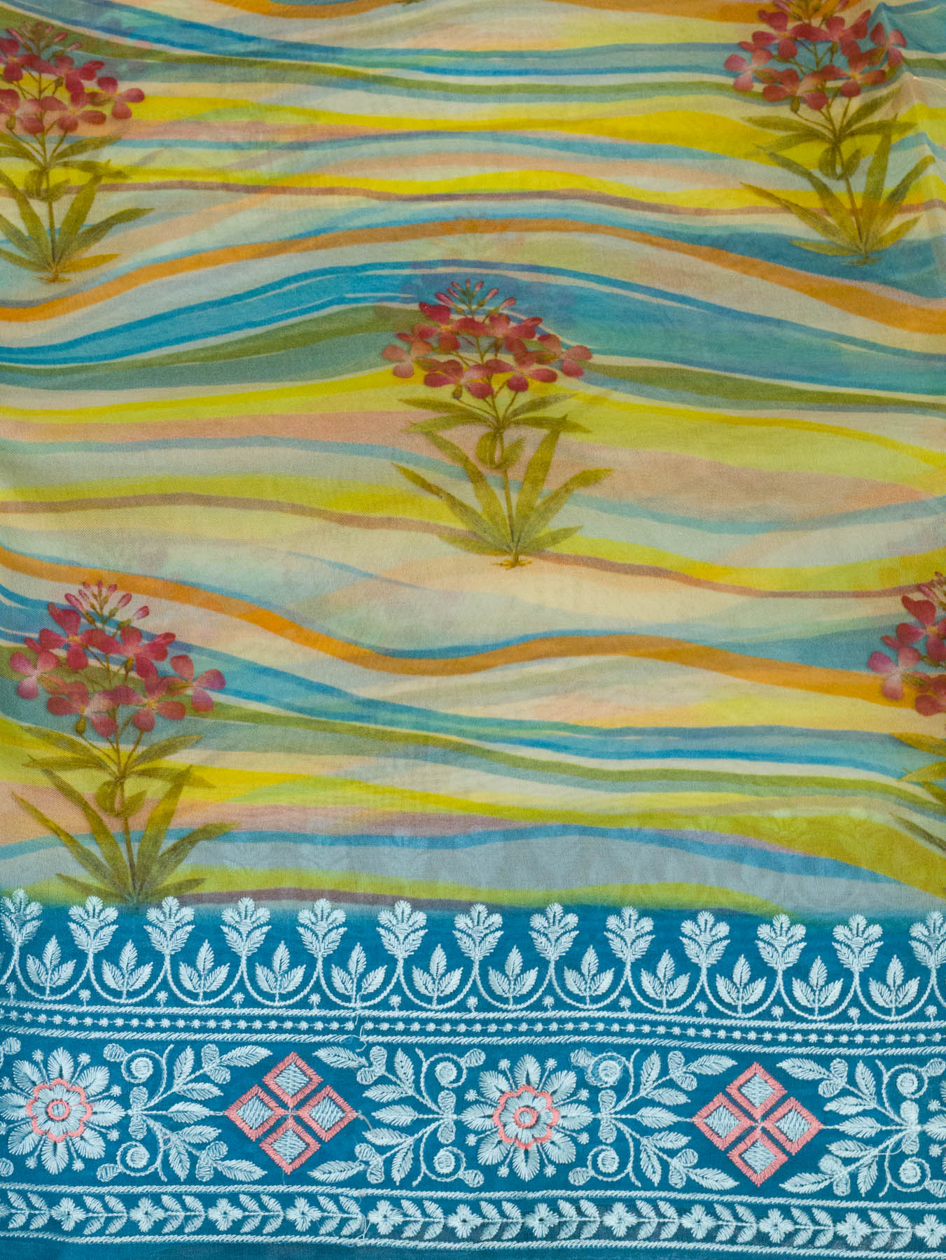 Multicolor Peacock Blue Pure Kora Organza Silk Saree Printed With Embroidered Pallu & Border (Copy)