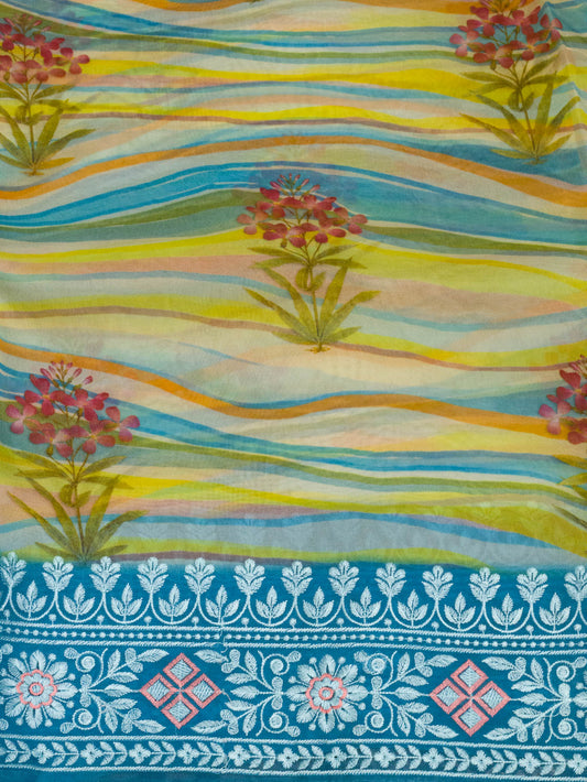 Pure Organza Blue Multicolor Peacock Kora Silk Saree Printed With Embroidered Pallu & Border - close-up - ZARISPIRE