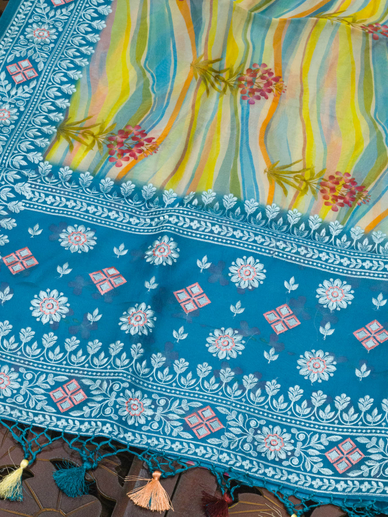 Multicolor Peacock Blue Pure Kora Organza Silk Saree Printed With Embroidered Pallu & Border (Copy)