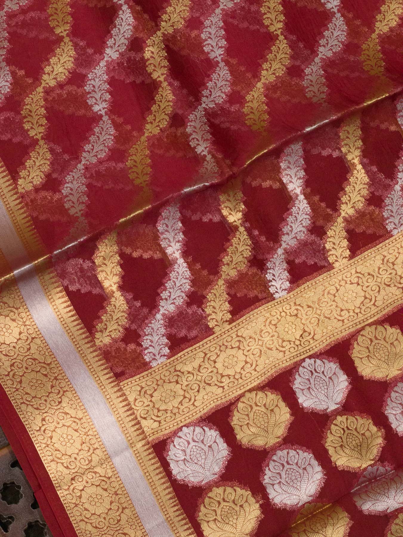 Multicolor Red Pure Kora Organza Silk Saree Zari Silver and Gold