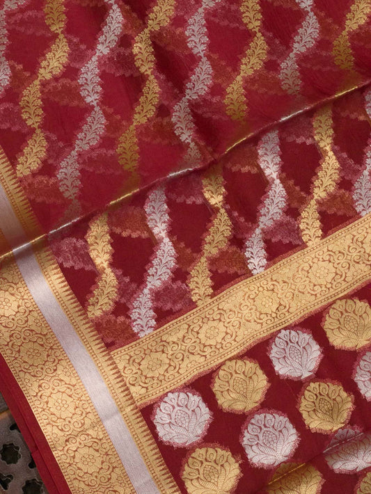 Multicolor Red Pure Kora Organza Silk Saree Zari Silver and Gold