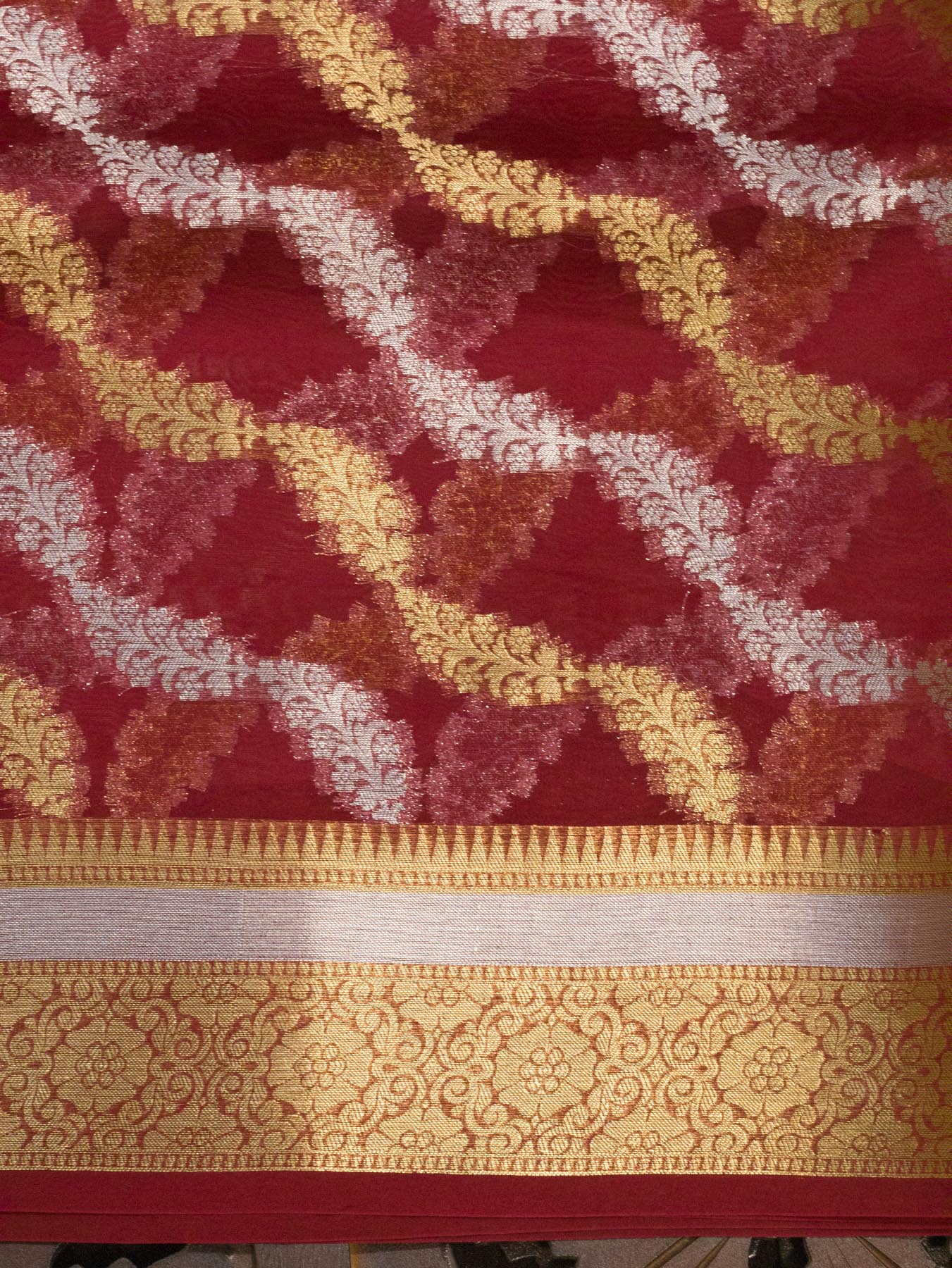 Multicolor Red Pure Kora Organza Silk Saree Zari Silver and Gold