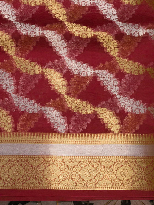 Pure Organza Silver Multicolor Red Kora Silk Saree Zari and Gold - close-up - ZARISPIRE