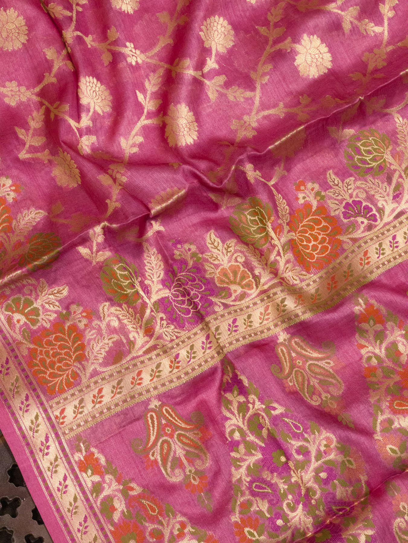 Rani Pink Pure Tussar Silk Saree Zari Tilfi Meenakari