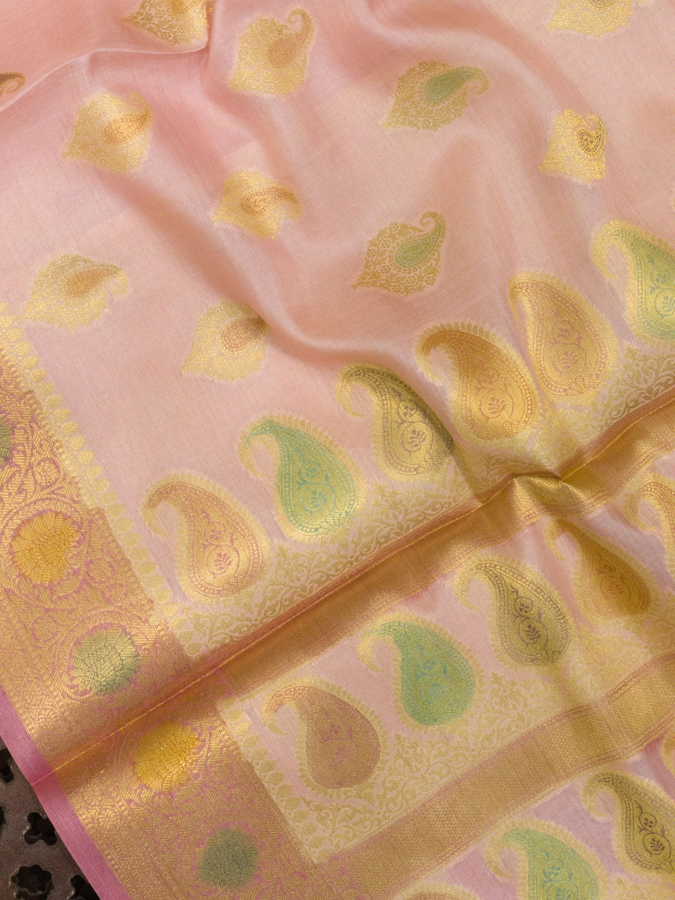 Baby Pink Pure Tussar Silk Saree Zari Tilfi Meenakari Hand Brush