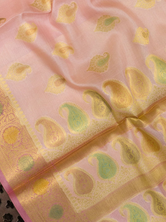 Baby Pink Pure Tussar Silk Saree Zari Tilfi Meenakari Hand Brush