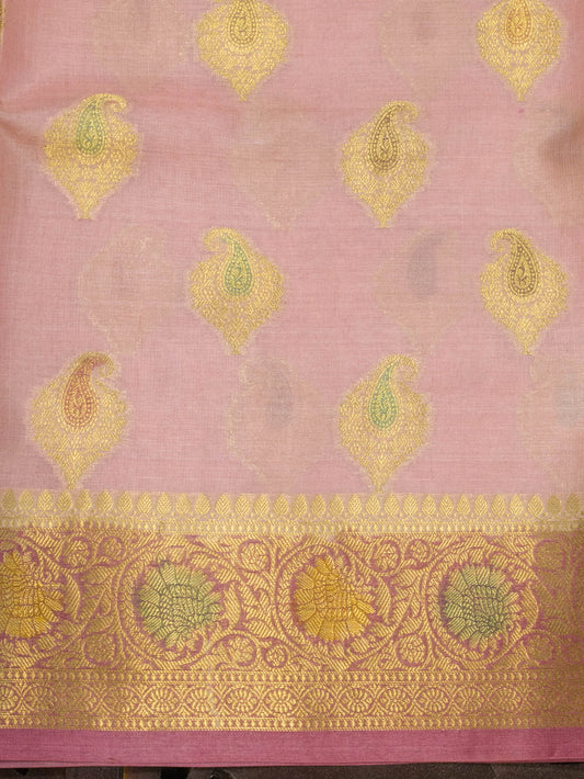 Baby Pink Pure Tussar Silk Saree Zari Tilfi Meenakari Hand Brush