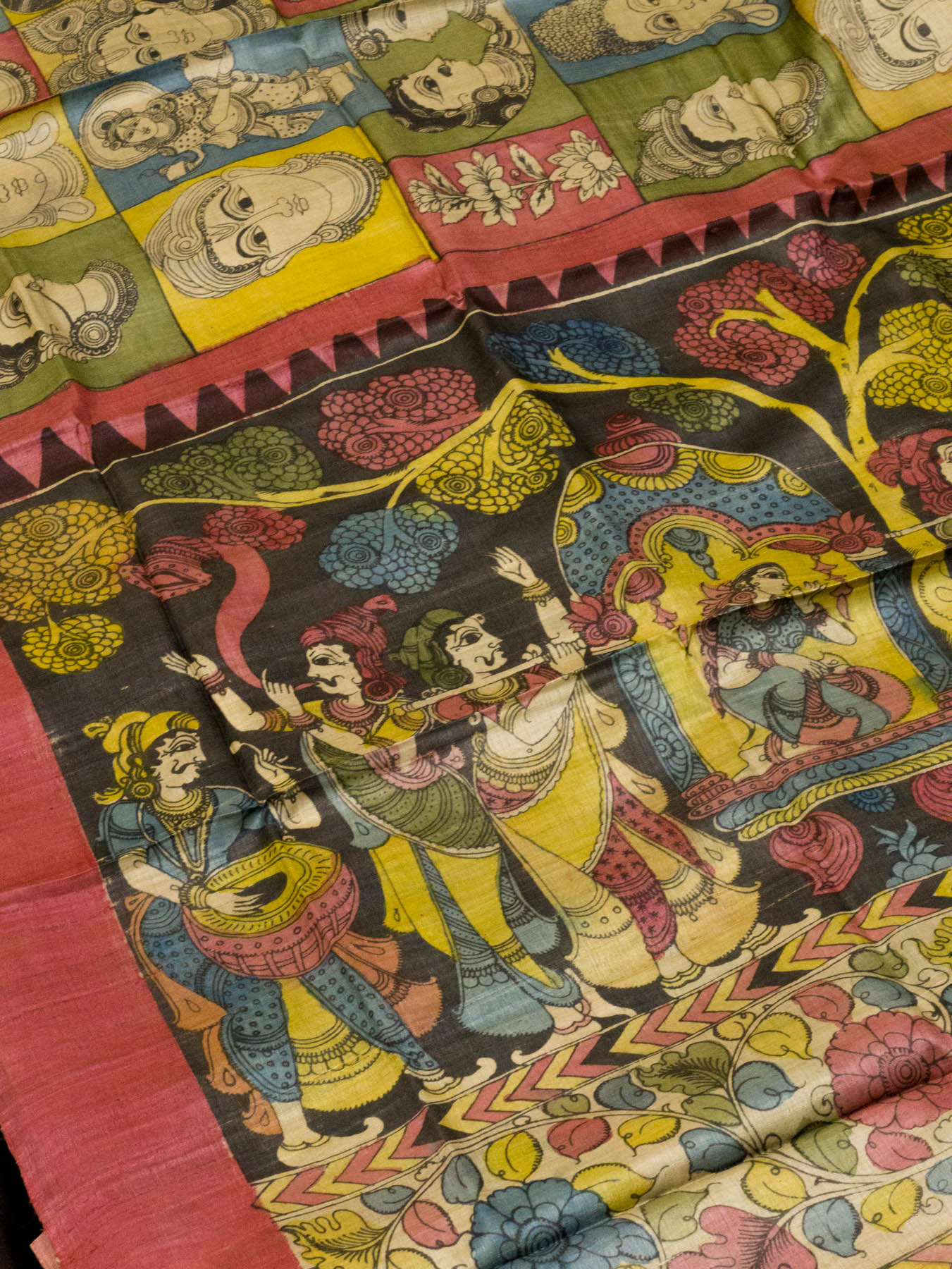 Multicolor Pure Tussar Silk Saree with Hand Pen Kalamkari Work