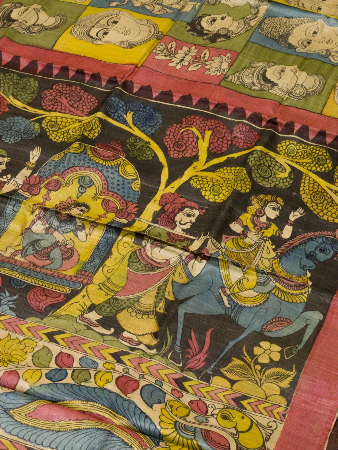 Multicolor Pure Tussar Silk Saree with Hand Pen Kalamkari Work