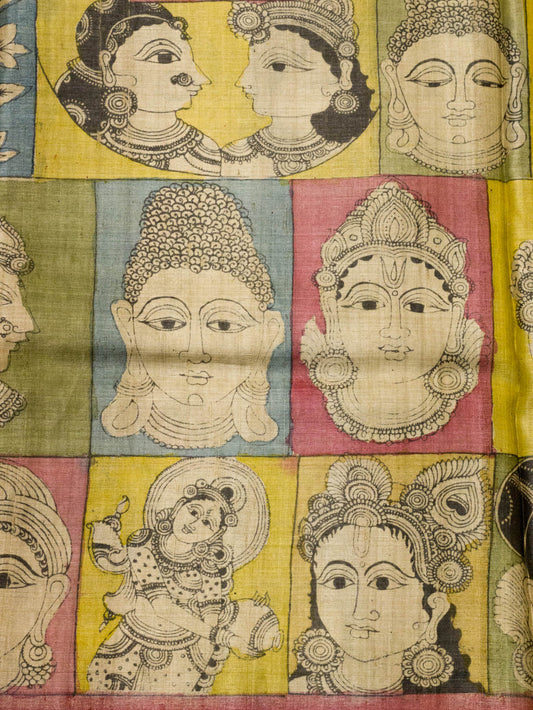 Multicolor Pure Tussar Silk Saree with Hand Pen Kalamkari Work