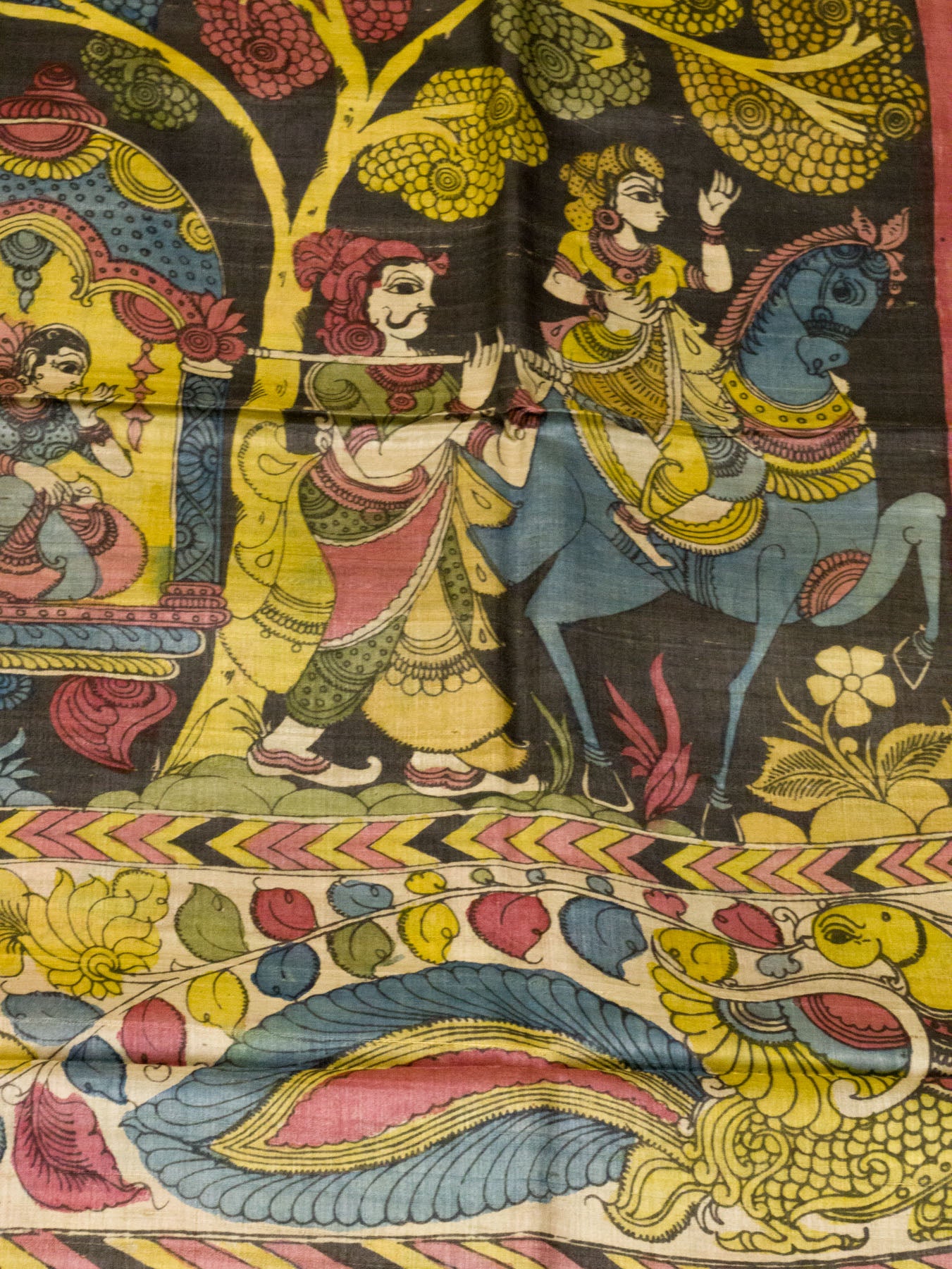 Multicolor Pure Tussar Silk Saree with Hand Pen Kalamkari Work