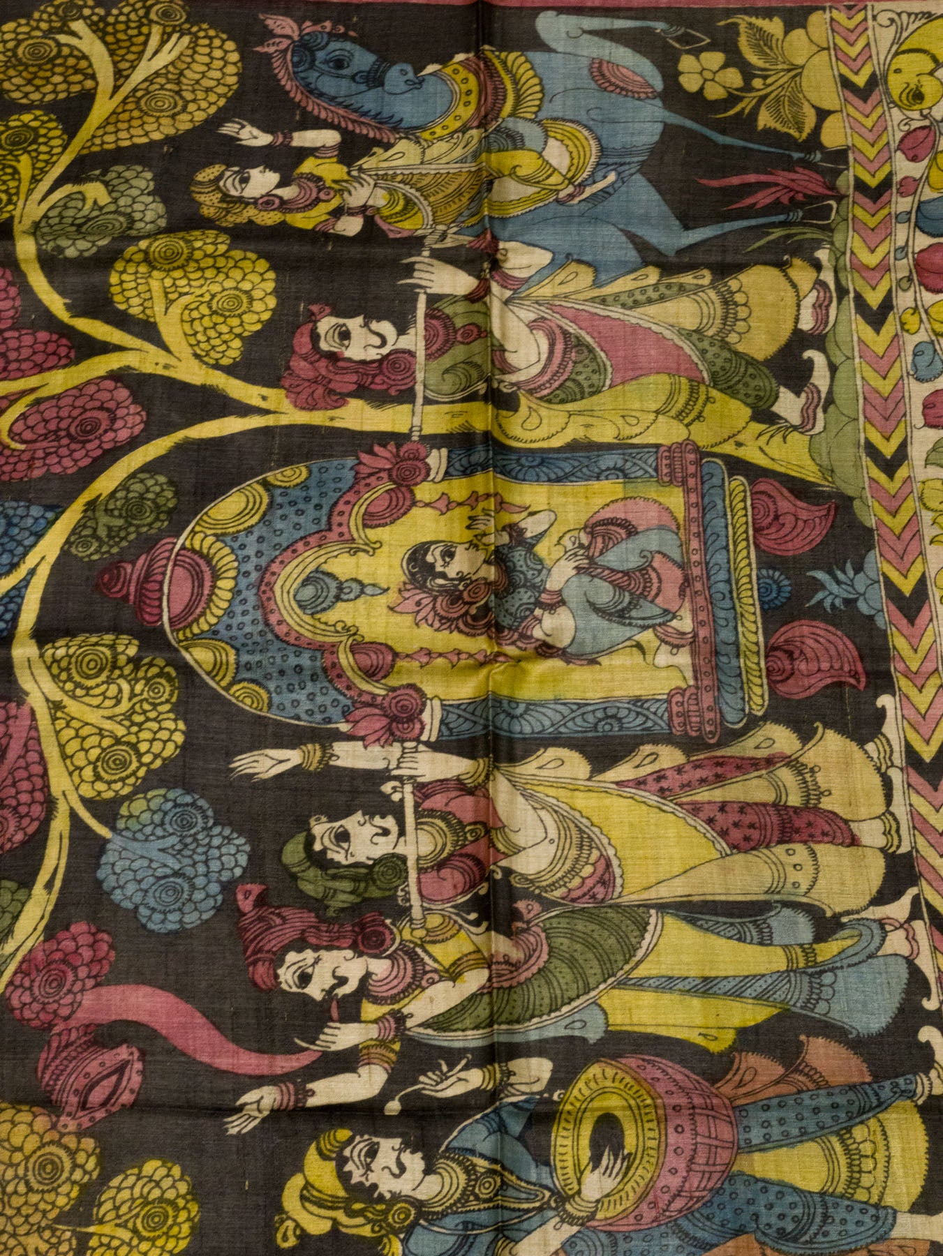 Multicolor Pure Tussar Silk Saree with Hand Pen Kalamkari Work