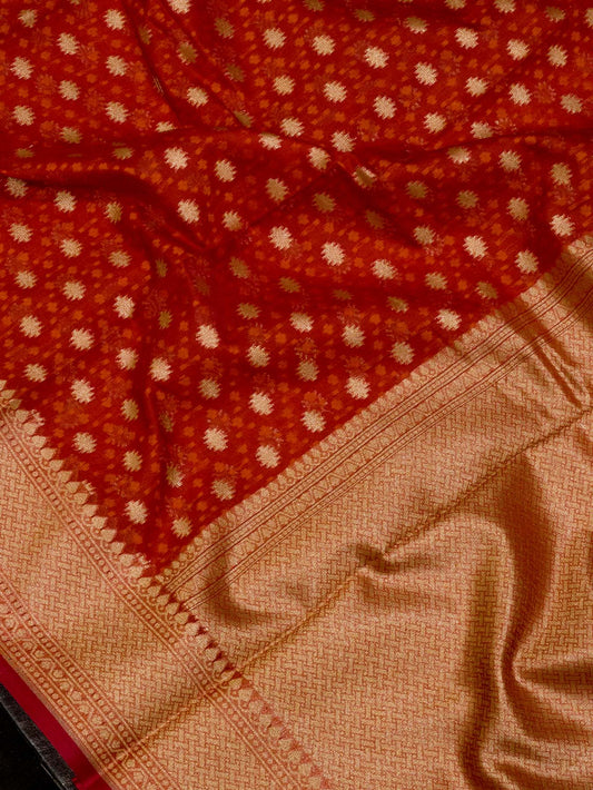 Sindoor Red Cotton Viscose Jamdani Khaddi Saree with Silver & Gold Zari Jaal