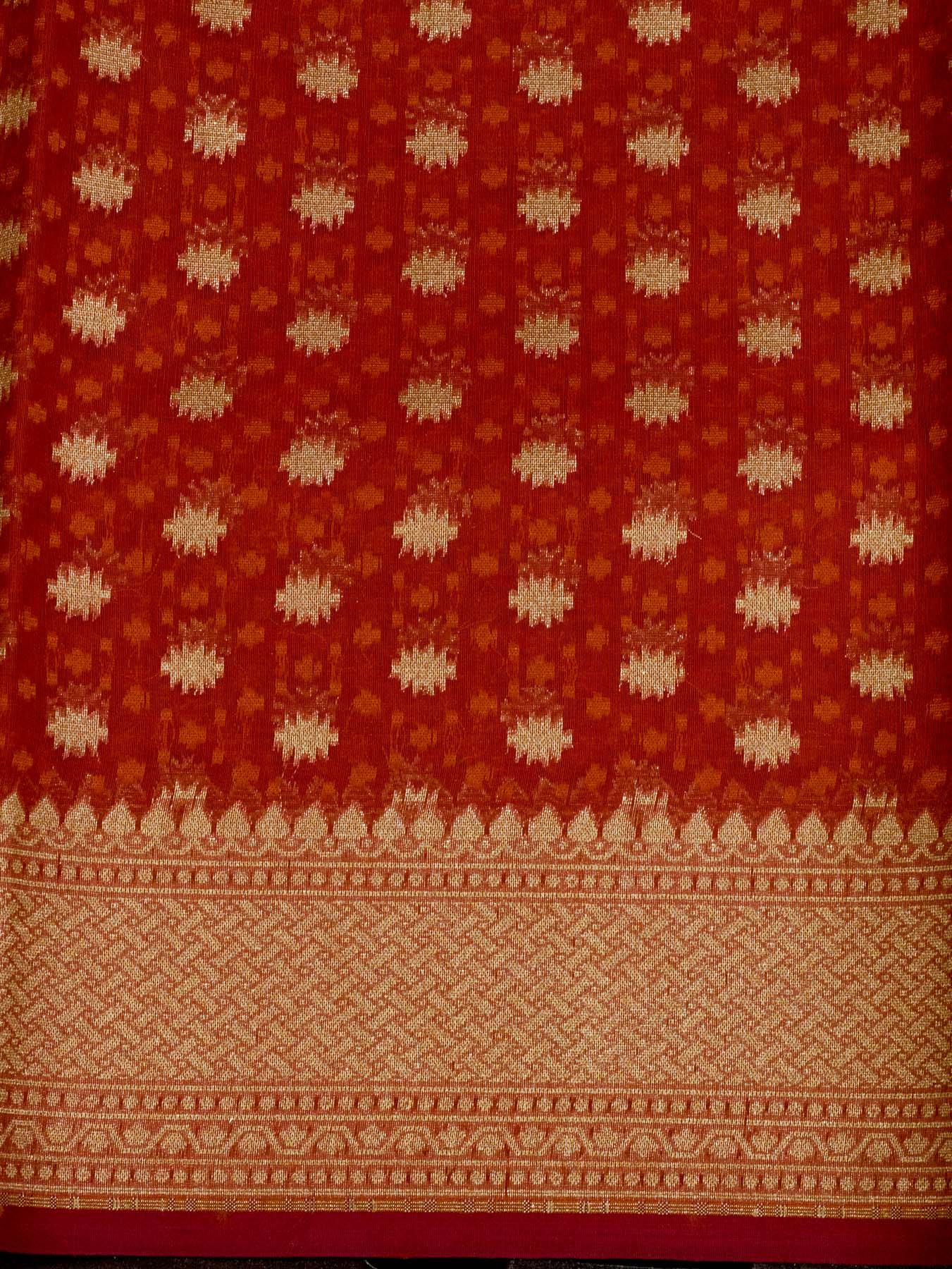Sindoor Red Cotton Viscose Jamdani Khaddi Saree with Silver & Gold Zari Jaal