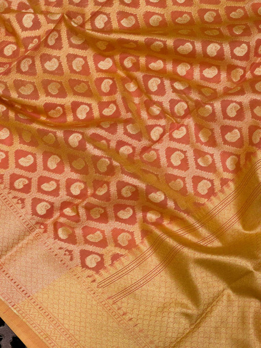 Peach Pink Cotton Viscose Jamdani Khaddi Saree with Silver & Gold Zari Jaal