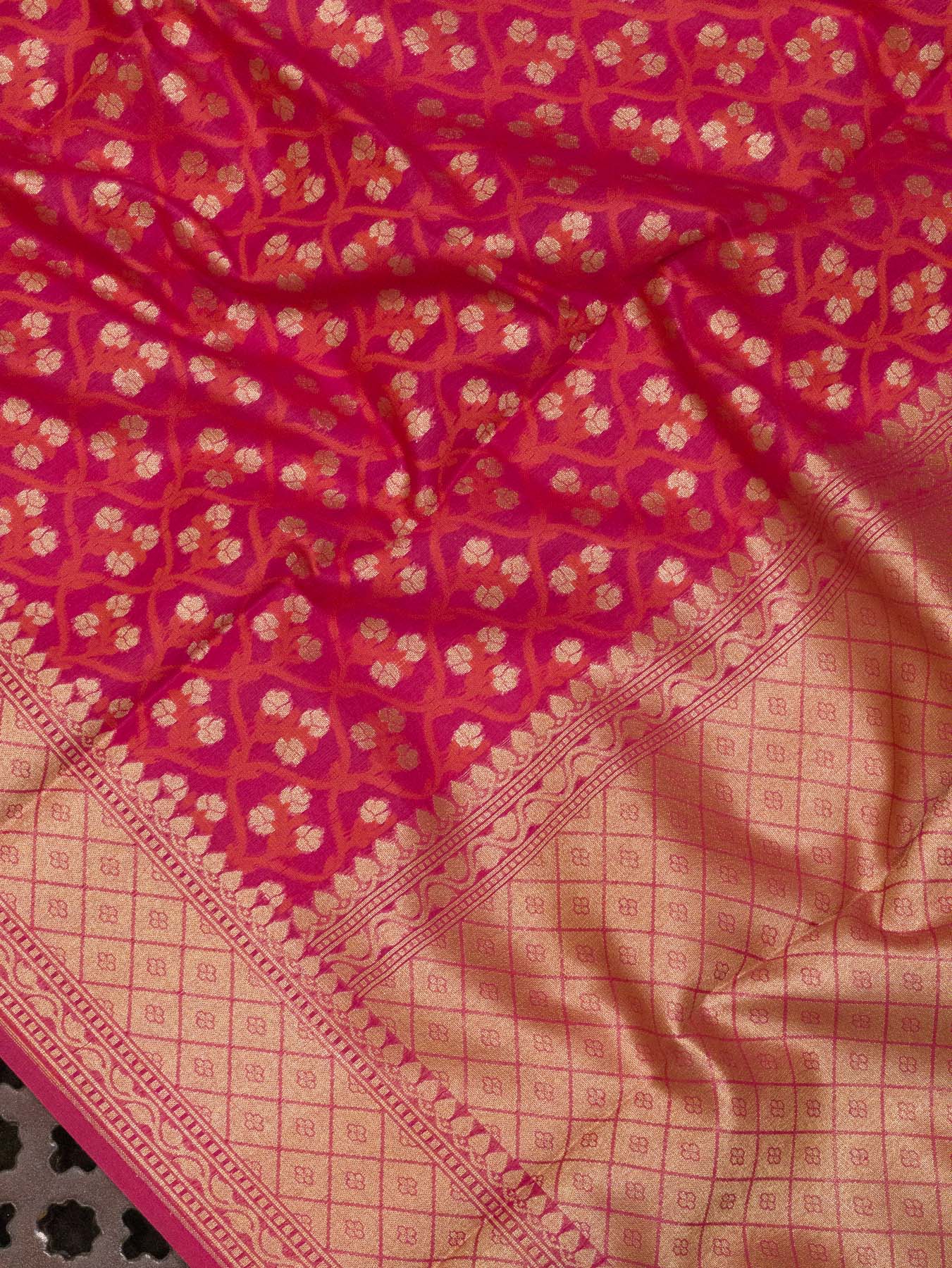 Rani Pink Cotton Viscose Jamdani Khaddi Saree with Silver & Gold Zari Jaal