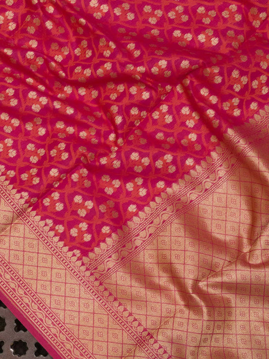 Rani Pink Cotton Viscose Jamdani Khaddi Saree with Silver & Gold Zari Jaal