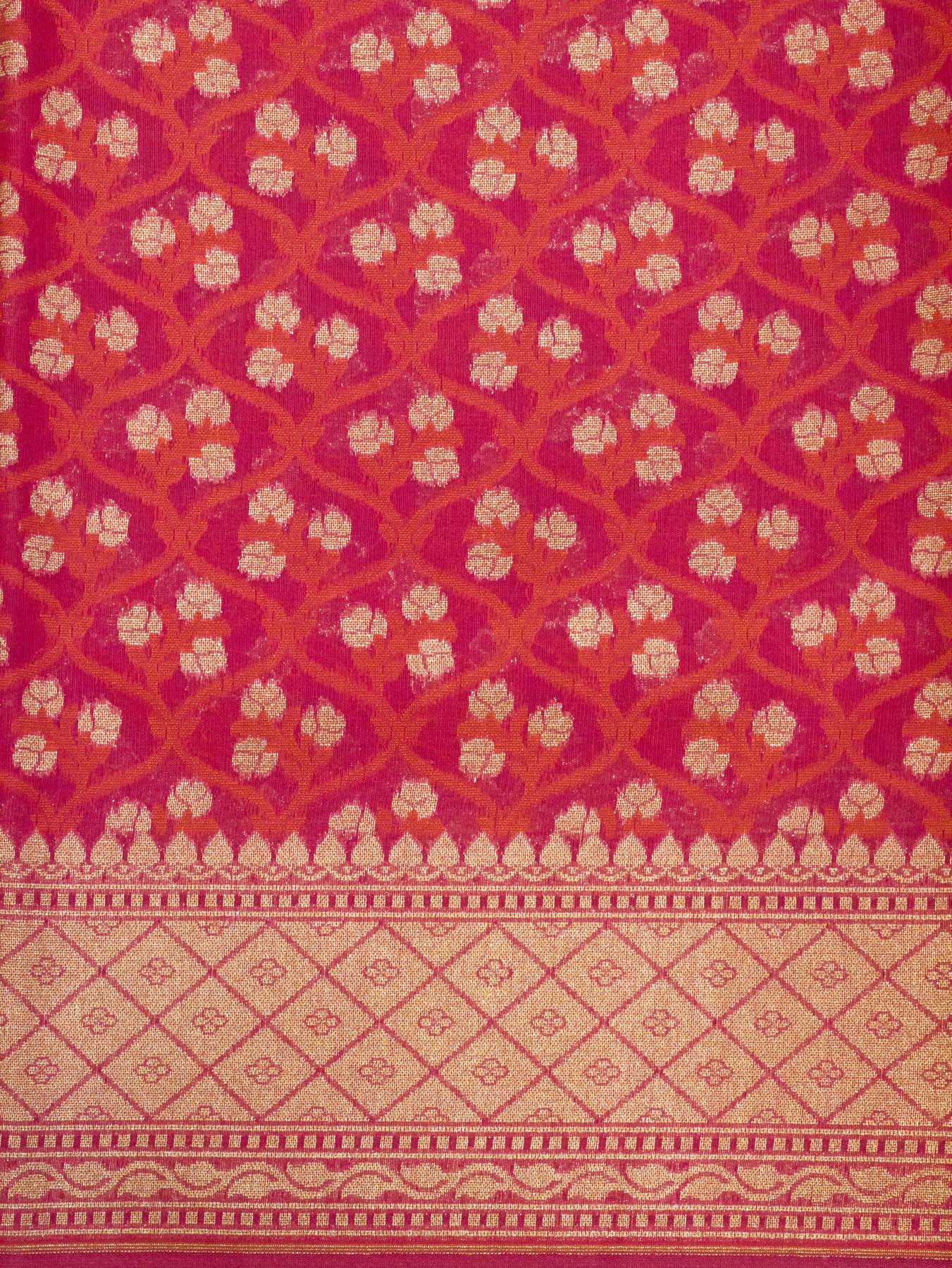 Rani Pink Cotton Viscose Jamdani Khaddi Saree with Silver & Gold Zari Jaal