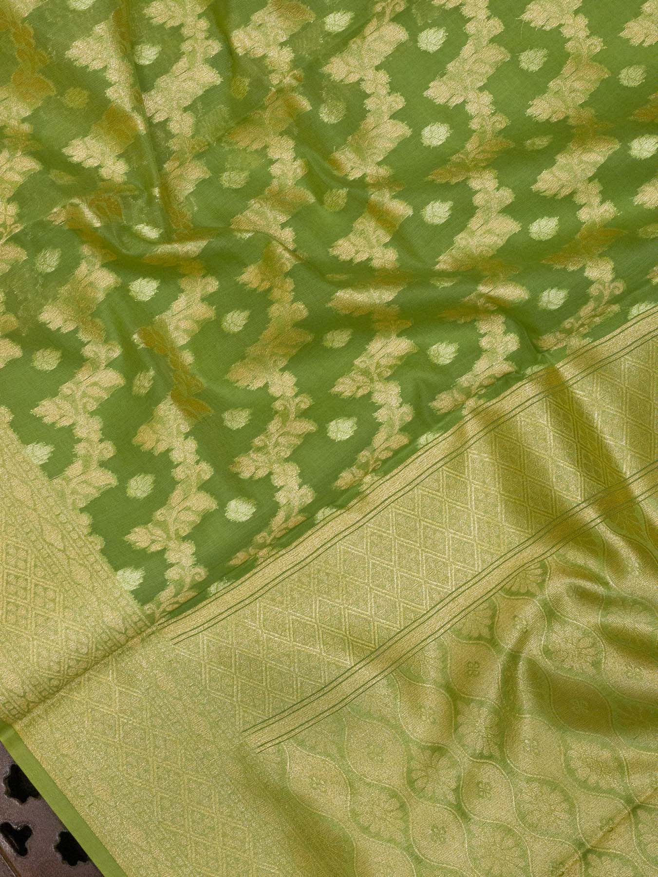 Sea Green Cotton Viscose Jamdani Khaddi Saree with Silver & Gold Zari Jaal