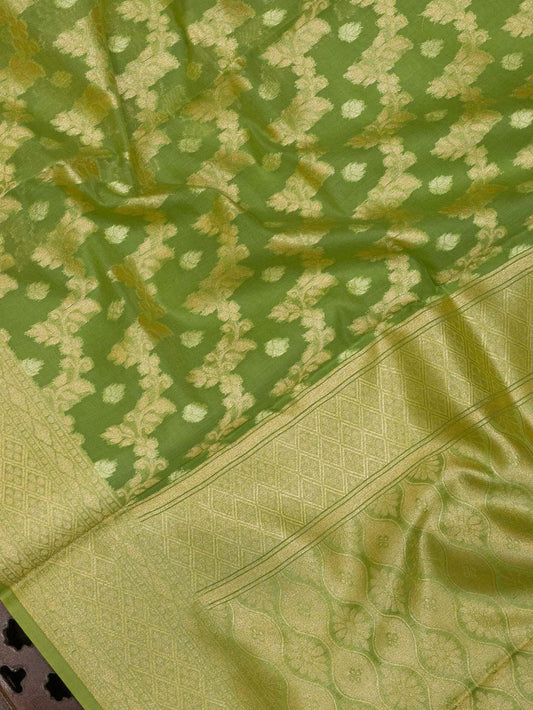 Sea Green Cotton Viscose Jamdani Khaddi Saree with Silver & Gold Zari Jaal