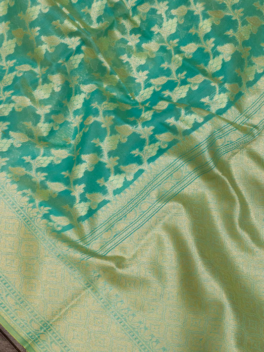 Light Firozi Blue Cotton Viscose Jamdani Khaddi Saree with Silver & Gold Zari Jaal